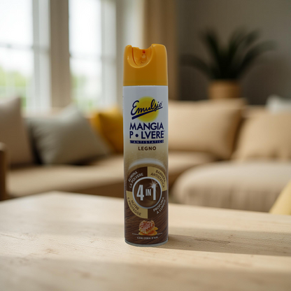 Emulsio Mangia Polvere Legno 4in1 300 ml – eko antistatický sprej na nábytek ze dřeva, vhodný do domácností se zvířaty