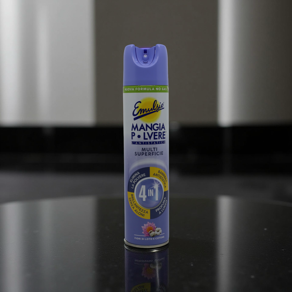 Emulsio Mangia Polvere Multi Superficie 4in1 Fiori di Loto & Cotone 300 ml – eko antistatický sprej na všechny druhy povrchů, ideální do domácností se zvířaty