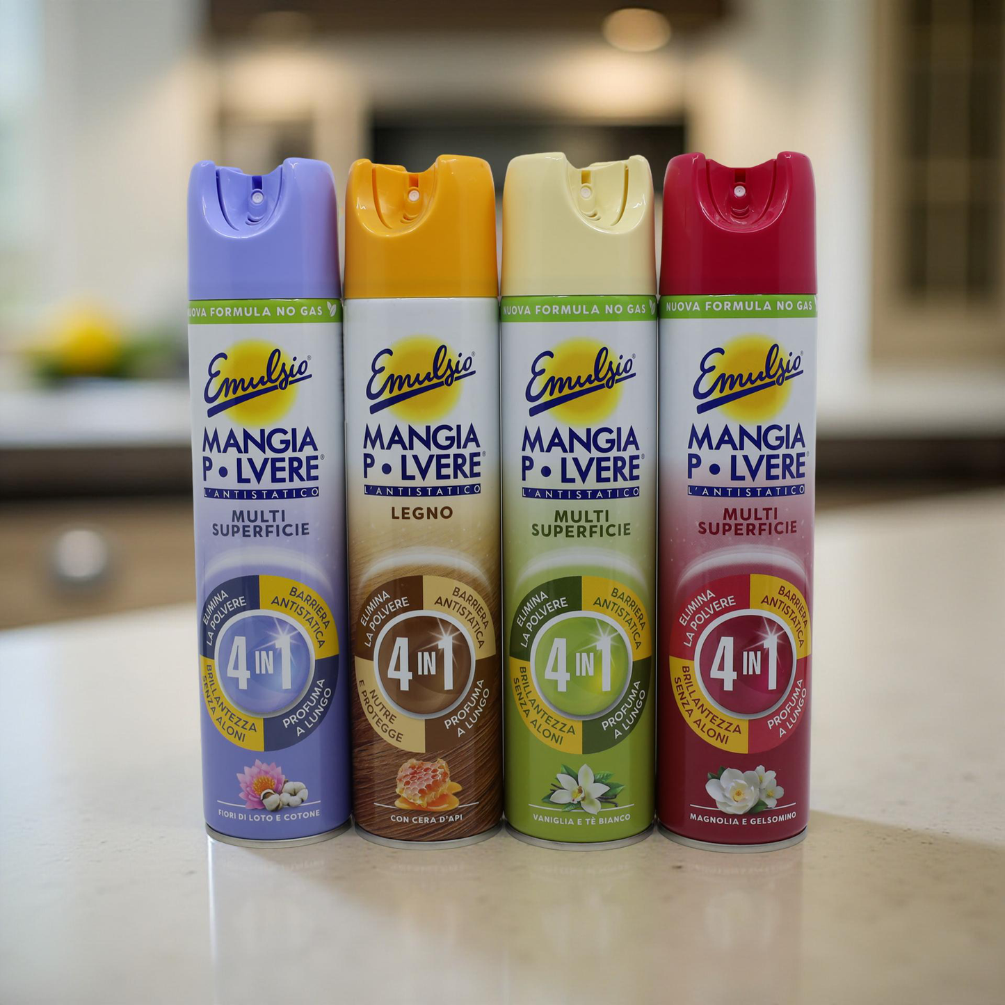 Emulsio Mangia Polvere Legno 4in1 300 ml – eko antistatický sprej na nábytek ze dřeva, vhodný do domácností se zvířaty